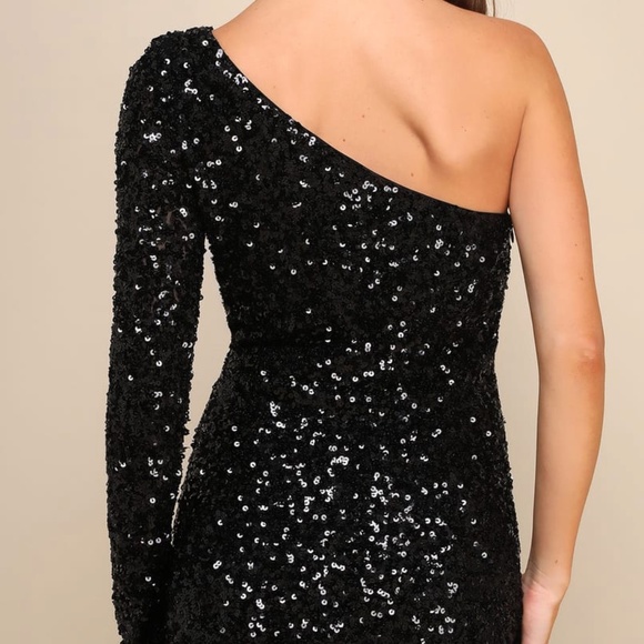 Lulus Extraordinary Sparkle Black Sequin Feather Bodycon Mini Dress - Size L - Picture 2 of 2